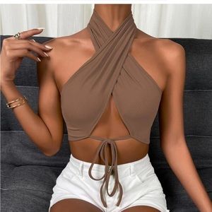 Tan front wrap halter top